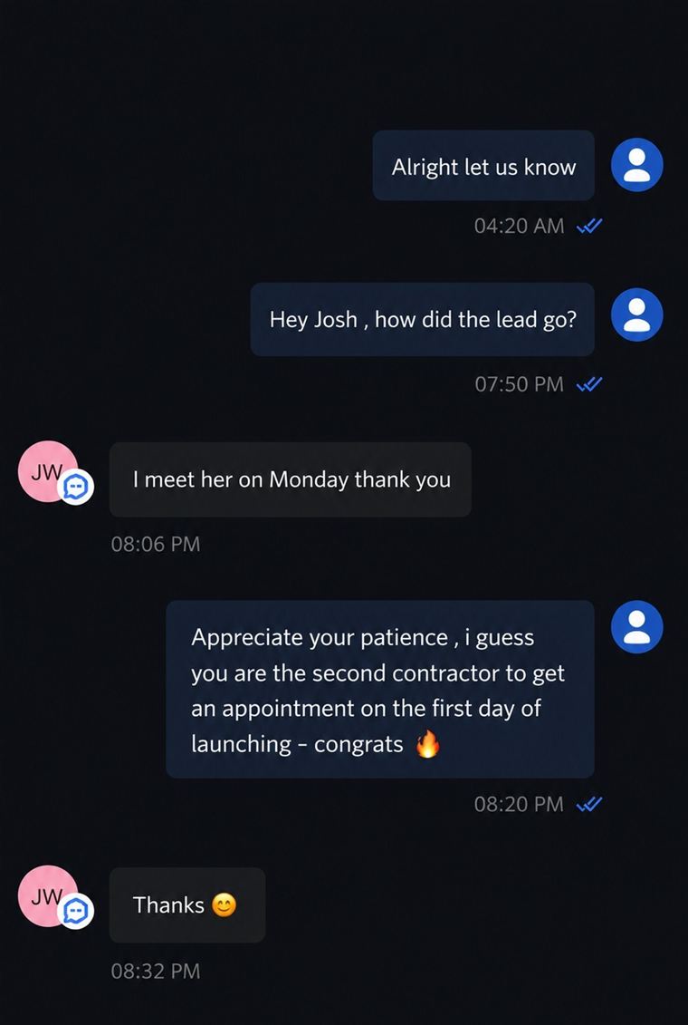 Contractor booked an appointment on day one