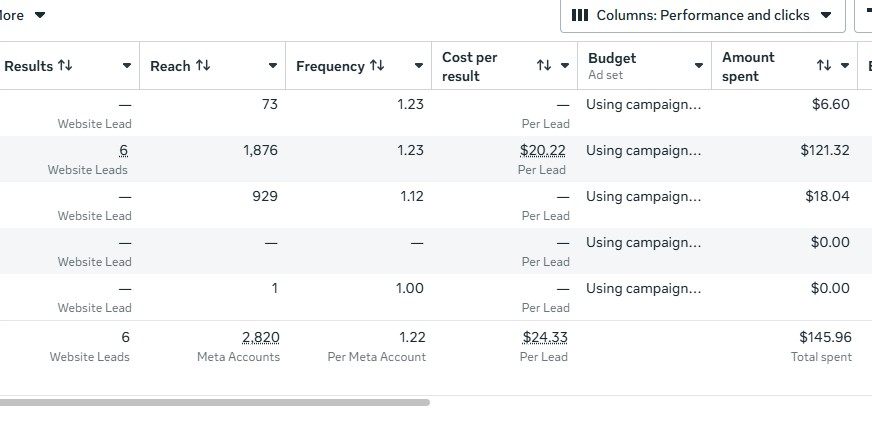 Meta Ads — $24.33 per lead, 6 website leads